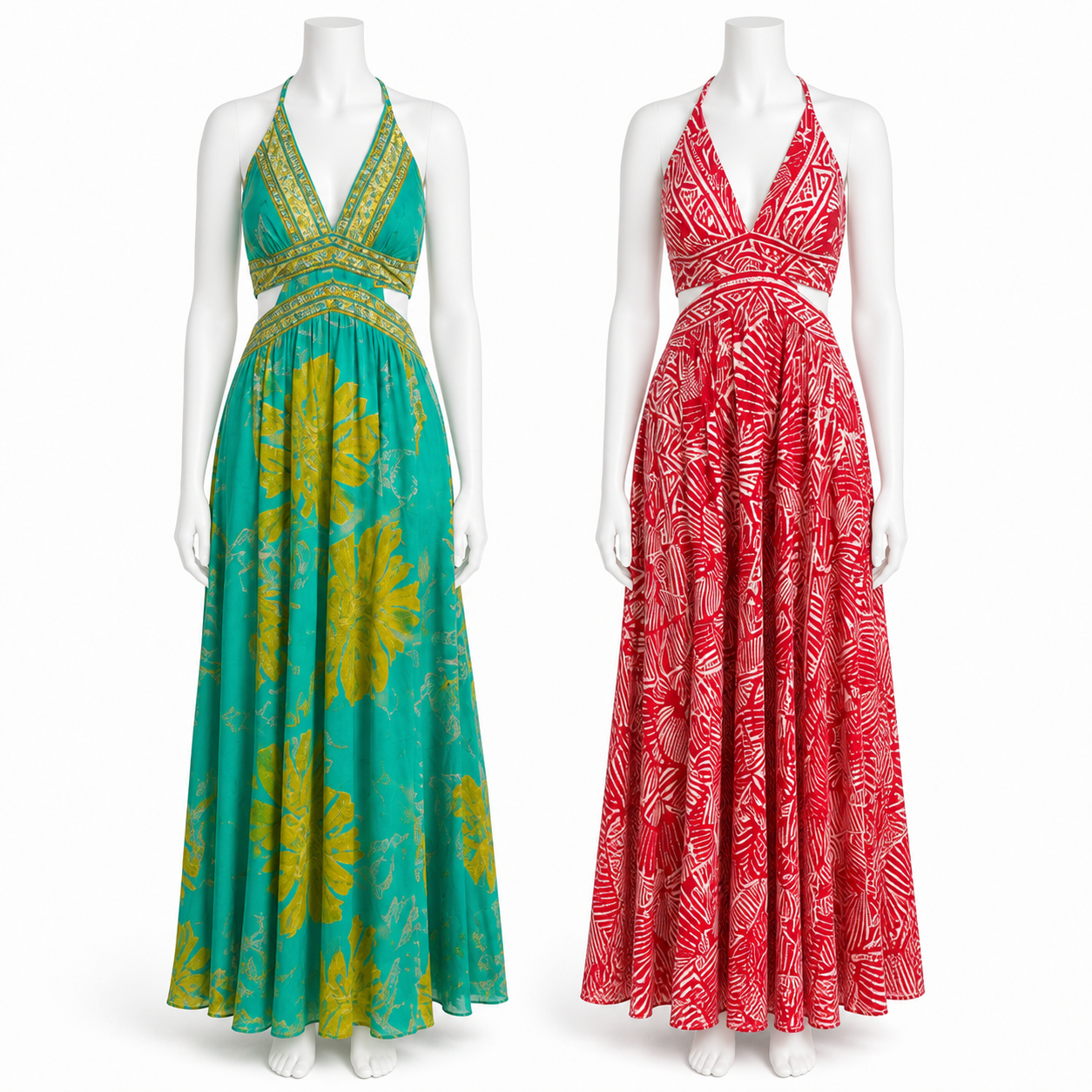 Style 10047 silk viscose long dresses on headless mannequins