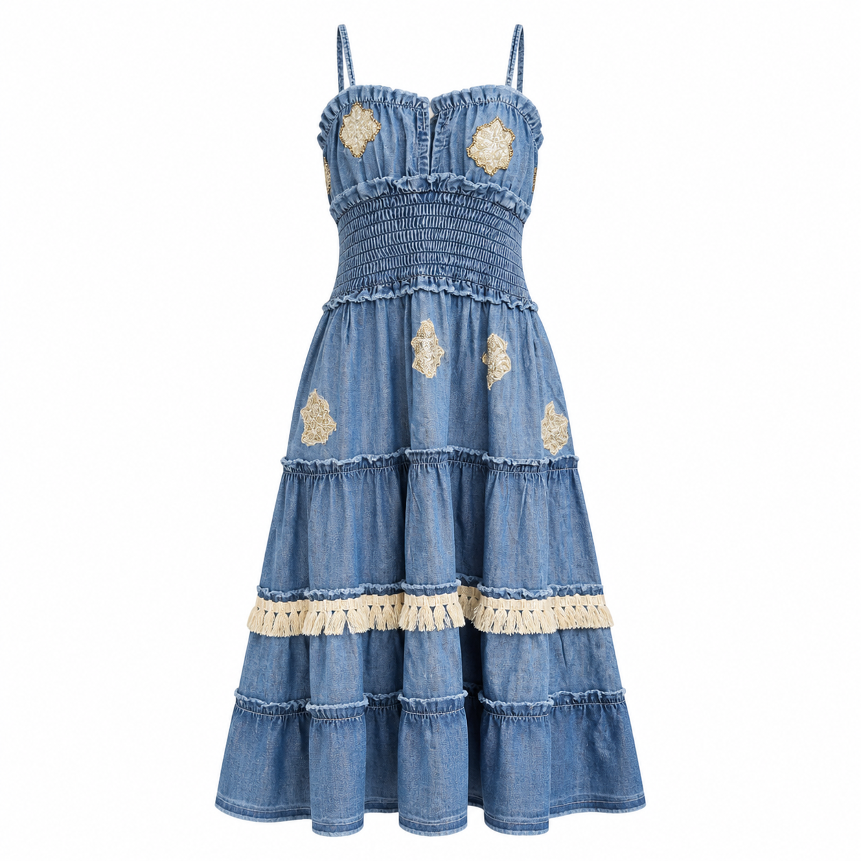 Style 11078 blue denim dress on headless mannequin