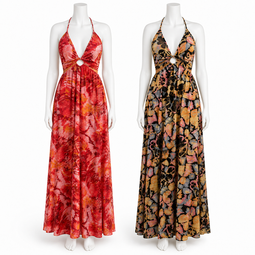 Style 6854 silk viscose long dresses on headless mannequins
