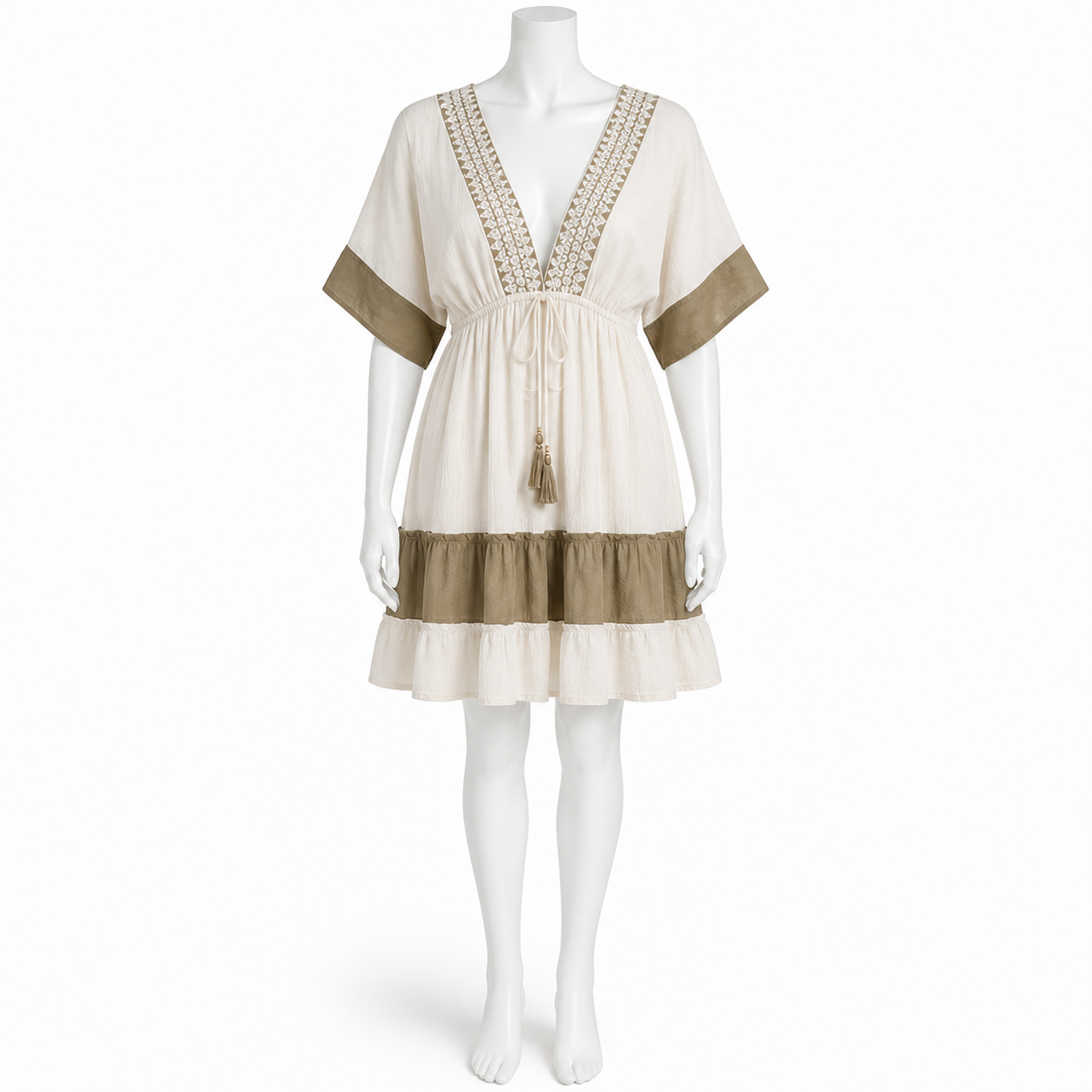 Z-237 ivory and taupe short viscose dress on a headless mannequin