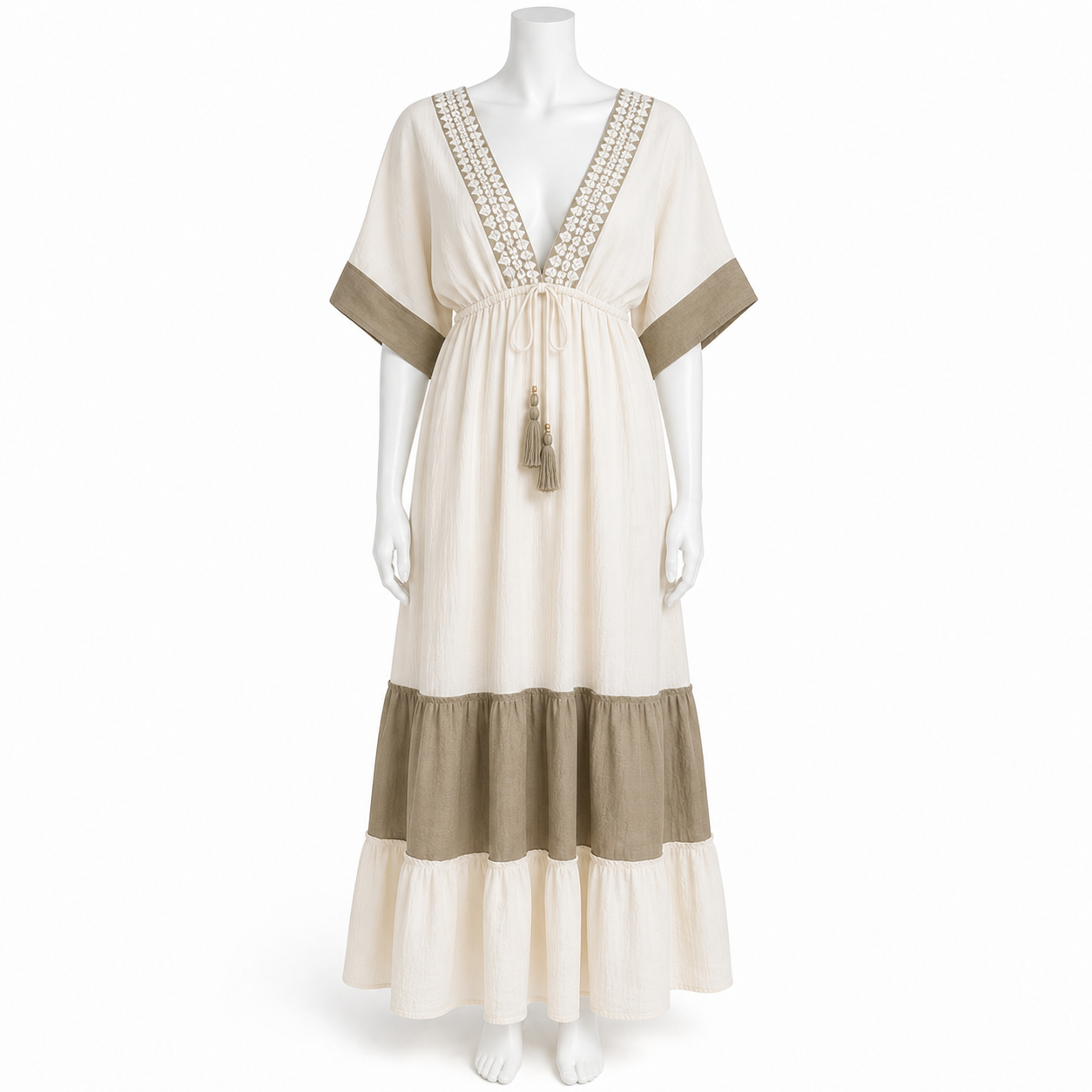 Z-238 ivory and taupe long viscose dress on a headless mannequin