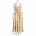 Z-267 beige embroidered cotton long dress on a headless mannequin