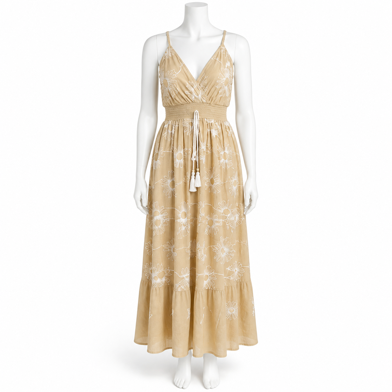 Z-267 beige embroidered cotton long dress on a headless mannequin