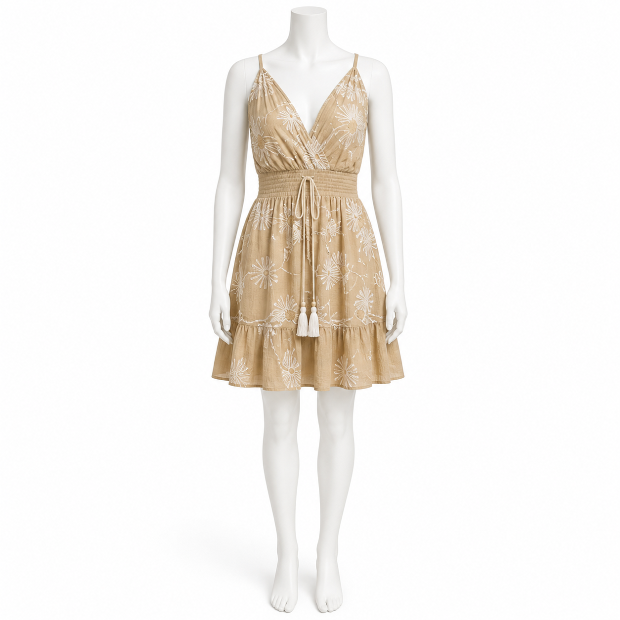 Z-268 beige embroidered cotton short dress on a headless mannequin
